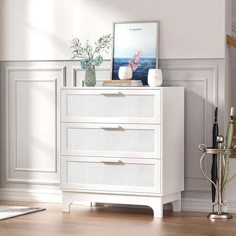 Anmytek 35" H White Rattan Dresser, Farmhouse 3 Drawer Dresser with Natural Rattan Chests for Bedroom, Spacious Chest of Drawers Organizer for Living Room, Nursery, Hallway Cover