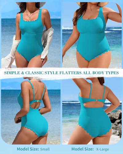 Image of Charmo Womens Scalloped One Piece Swimsuits Modest Bathing Suits | Square Neck,Ribbed,Push Up Removable Cups,Adjustable Wide Straps,Cutout Back,Beach,Pool