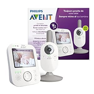 Philips Avent Vigilabebés con cámara SCD843/01 – Vigilabebés con privacidad (A-FHSS), pantalla a color 8,8 cm (3,5″), zoom x2, nanas, luz nocturna y temperatura