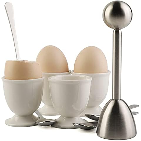 Eierknacker-Aufsatz-Set für weiche, hart gekochte Eier Schalenentfernung inkl. 1 Eierschneider, 4 Keramik-Eierbecher und 4 Löffel Cover