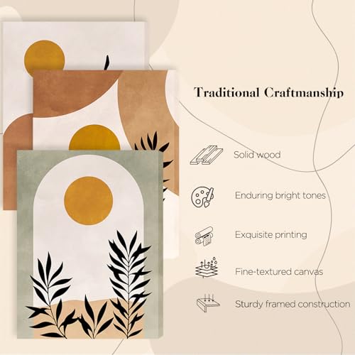SERIMINO Botanical Wall Art, Boho Canvas Wall Decor for Living Room, Set of 3, Minimalist Orange Sun Artwork Paintings Wall Decor for Bedroom, Office,12 x16 inch