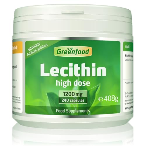 Greenfood Lecithin 1200 mg 240 Capsule Highly dosed - Without Artificial additives. Without Genetic Engineering. Softgel Capsules.