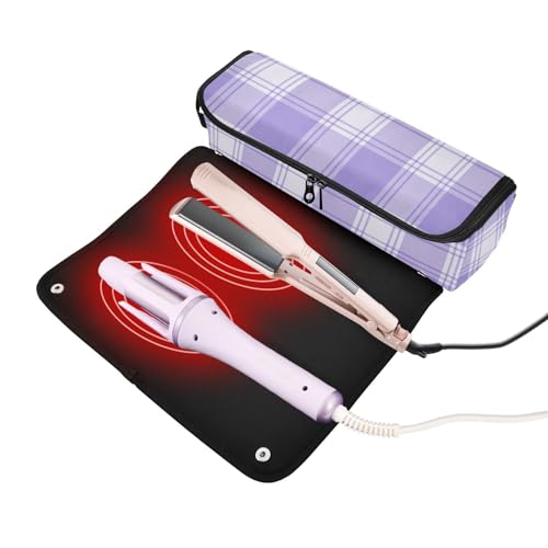 Bolsa de viaje para herramientas de cabello con tapete resistente al calor desmontable, doble capa, para planchas y rizadores, motivo de cuadros lavanda y marfil miniatura 2