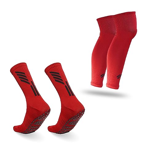 Image of Mizaki Anti-Slip Football Socks and Leg sleeve Combo Pack for Men & Women - Football Grip Stockings with Rubber Pad Grip Technology with UV Protection Leg sleeve