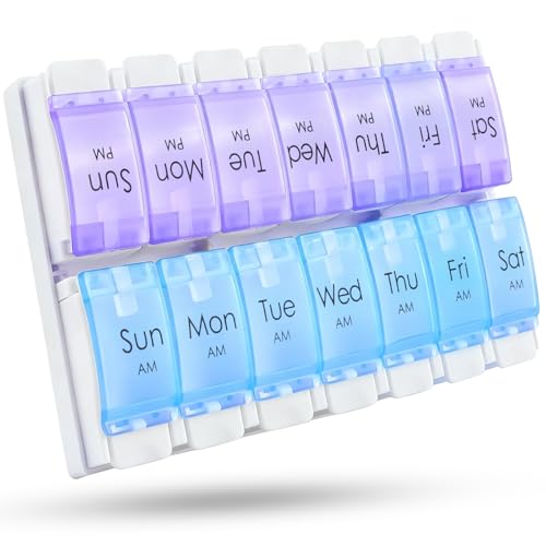 Large Weekly Pill Organizer 2 Times A Day, Daily Pill Box Case 7 Day with Easy Push Button, Seven Color (Purple & Blue)