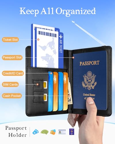 Slohif Initial Passport Holder Cover Wallet Case for Travel Women - Leather Letter Passport Book Family Multiple Personalized Organizer Card Slots Protector Sleeve Essentials Slim Carrier Black S3