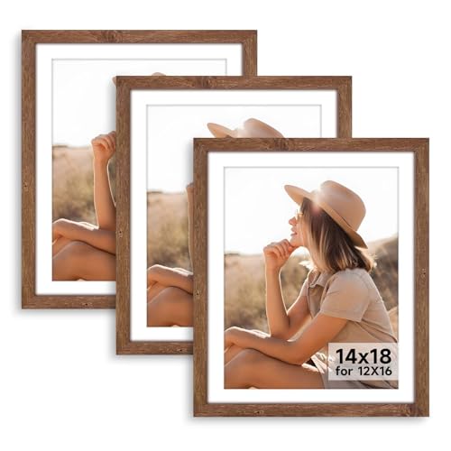 Image of HLiWEGNS Light Walnut 14x18 Frame Set of 3 - Rustic Woodgrain 14 x 18 Poster Frame for Pictures 12x16 with Mat or 14x18 Picture Frame Without Mat for Wall Gallery Display - Ideal Christmas Day
