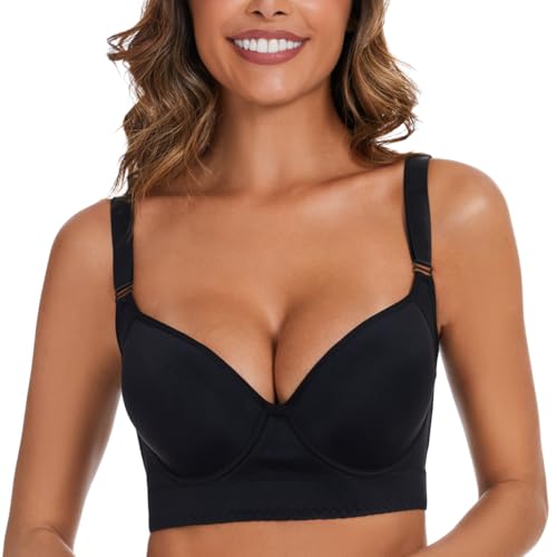 Push Up Bra for Women, Full Back Coverage Bras Deep Cup Hide Back Fat Smoothing Seamless Underwire T-Shirt Shecurve Bras