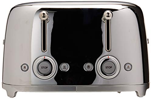 Image of SMEG 4 Slice Toaster TSF03, Retro Stainless-Steel Toaster with Wide Slots for Bagels, 6 Browning Levels, Defrost Reheat Bagel Functions, Dual Controls, Crumb Trays, 1800W - TSF03SSUS - Stainless Steel