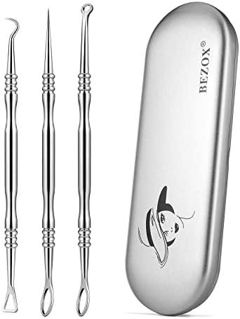 BEZOX Acne Needle Blackhead Remover Tools, Set of 3 Surgical Grade Stainless Steel Pimple Popper Facial Tools with Metal Storage Case