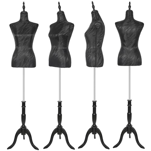 KTMANEQ Adjustable Female Mannequin Torso with Stand, Pinnable Dress Form for Sewing and Clothes Display (Black, Silk)