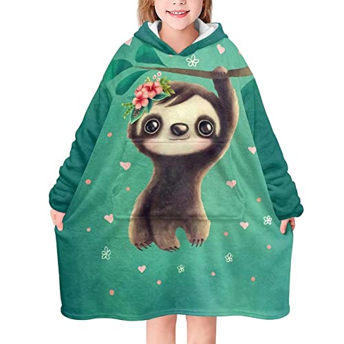 chaqlin Funny Sloth Wearable Blanket Hoodie Boys Girls Cute Sloth Print Oversized Sweatshirt Blanket for Kids Girls Soft Fleece Hooded Blanket with Pockets