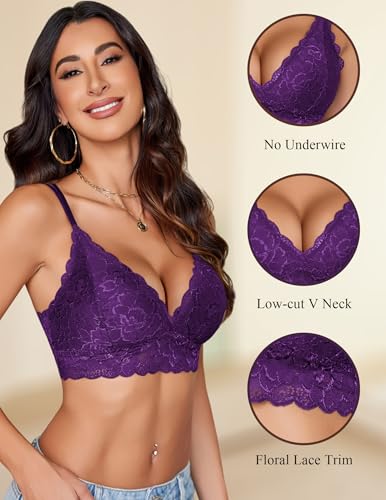 Image of Avidlove Bras for Women Floral Lace Bralettes Deep V Sexy Bras Cross Back Longline Bralette No Padded