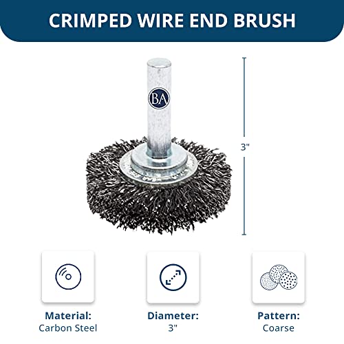 Image of Benchmark Abrasives 3 inch Mounted Crimped Wire Wheel for Cleaning deburring on Cast Iron, Steel, Titanium, Nickel, 1 /4 inch Shank for Rotary Tools (5 Pack) - Carbon Steel
