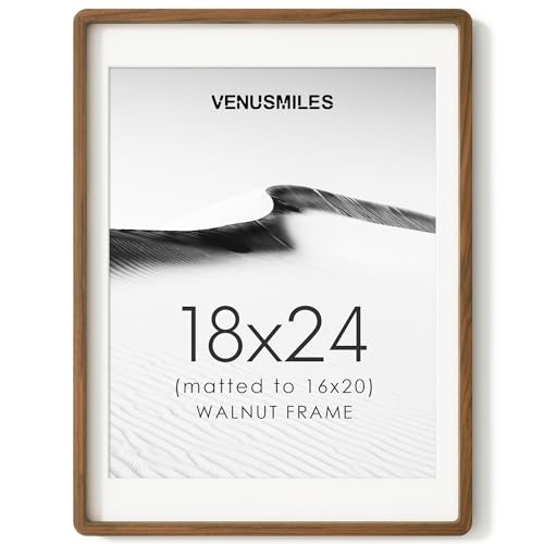 Image of 18x24 Poster Frame, USA-Sourced Natural Walnut Wood Picture Collage Frame with HD Tempered Glass, 18 x 24 Wooden Photo Frame Matted to 16x20, Vertical & Horizontal Wall Hanging Display
