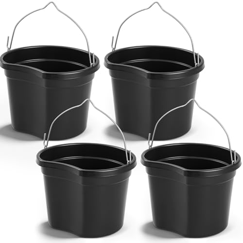 Marsui 4 Pcs Plastic Animal Feed Bucket with Hook, 8 Quart /2 Gallon Large Horse Bucket, Utility Horse Stall Feeding and Watering Supplies, for Dog Goat Pig Cow, Black by Marsui - Used condition - US$59.84