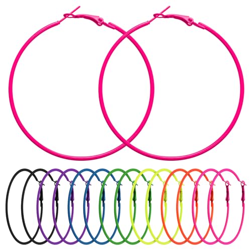 7 Pairs Hoop Earrings, Earrings in Multiple Colors, Vintage 80s-90s Style Pink Earrings for Women, Perfect for Parties & Music Festivals