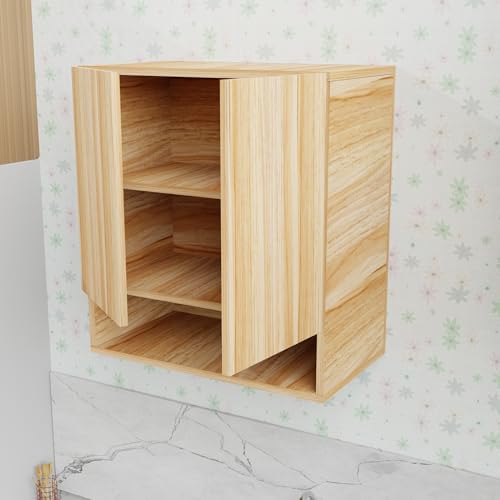 Image of 2 Door Multipurpose Wall Mounted Cabinet with Adjustable & Fixed Shelf | Storage for Kitchen, Bathroom, Office & Living Room | Assembly-DIY | Color-Asian Light | Size-60x33x63.8 Cm