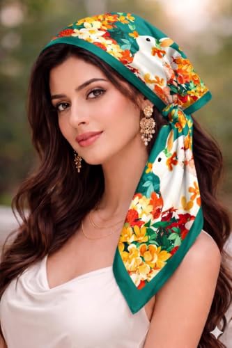 Image of Satin Square Head Scarf for Women, Floral Printed
