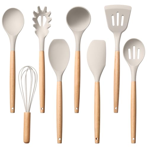 Herogo 8 Pcs Kitchen Cooking Utensils Set, Heat Resistant Non-Stick Silicone Cooking Kitchen Utensils Set with Wooden Handle, Food-Grade Silicone Spatula Spoon Turner Server Whisk Ladle (Khaki)