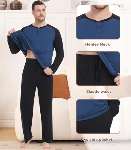 Image of NACHILA Mens Pajamas Set Viscose Made from Bamboo Henley Top Sleep Pants | Henley Top,Soft pants,Tagless Comfort,Moisture Wicking,Ultra silky, All season Loungewear Set, Jogger Sweatpant,Match set