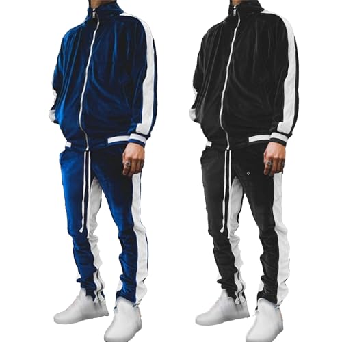 Mens Fashion Velour Tracksuit Outfits 2 Pieces Full Zip Casual Outfits Jacket & Pants Fitness Tracksuit Set
