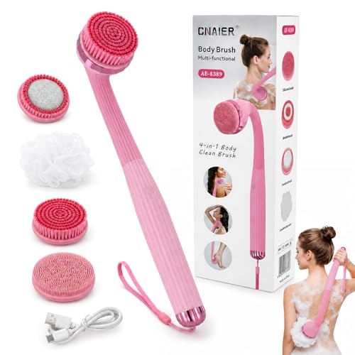 Electric Body Brush Set USB Rechargeable Shower Brush with 4 Brush Heads Long Detachable Handle Back Scrubber Body Exfoliator 2-Speed Deep Cleansing Waterproof Spin Facial Skin Brush for Clean Massage