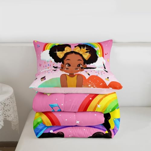 Image of Erosebridal Rainbow Black Girls Comforter Set King Size African American Bedding Set Black Princess Girl Makeup Quilt Comforter Afro Little Girl Bed Set for Kids Melanin Bedroom Decor