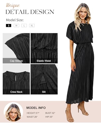 Image of ECOWISH Women Maxi Dresses Cocktail Party Wedding Guest Formal Pleated Long Dress Short Sleeve Slit Empire Waist Evening Gown