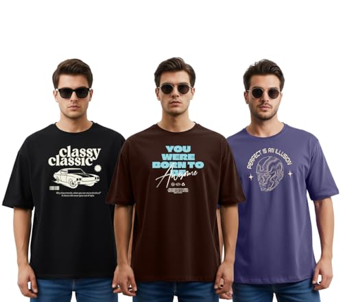 Image of Cotton Blend Oversized Baggy Fit Drop Shoulder Round Neck Graphic Printed Half Sleeve T-Shirt Combo for Men (Pack of 3) (Available Sizes: S to 2XL)
