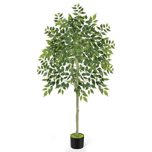 PINPON 6FT Artificial Ficus Tree for Home Decor, 70' Tall Fake Plant Potted Silk Trees with...