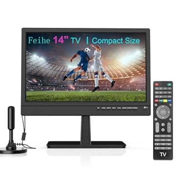 Feihe TV de cozinha de tela plana pequena de 14 polegadas com antena ATSC Tuner/USB/HDMI/AV/VGA, suporte de TV embutido e controle remoto para carro, trailer, acampamento, ao ar livre ou escritório
