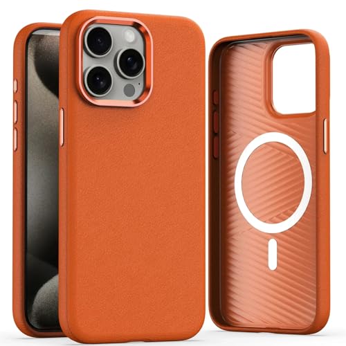 Étui en cuir iPhone 14 luxe orange avec recharge magnétique sans fil