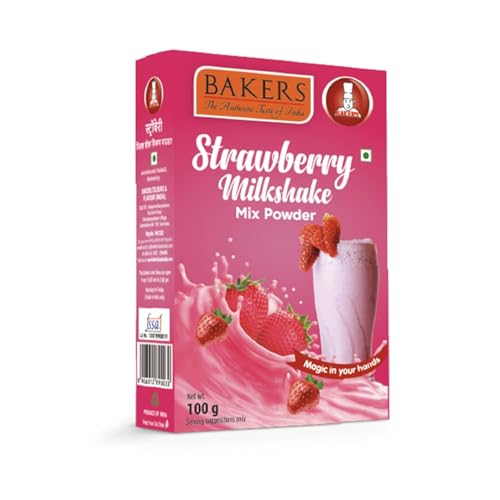 Image of BAKERS Milk Shake Mix Powder - Strawberry Flavor Pack of 4, Each 100g (400 Gram) | Instant Thick & Creamy Shake Mix | Rich & Delicious Dessert Drink | Ready to Mix with Milk | No Preservatives |Ready in 30 Sec