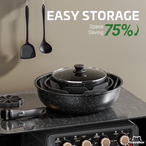 Image of 12 Pcs Pots and Pans Set Non Stick, Ceramic Cookware Set Non Toxic with Detachable Handles, Healthy Induction Cookware Oven Safe RV Kitchen Set, PFAS PFOA & PTFE Free, Black