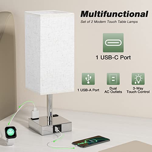 Off White Set Of 2 Touch Lamp With Usb Port-Nightstand Lamp With Usb-C+A Charge Ports& Ac Outlets, 3-Way Dimmable Bedside Lamp With Shade,Small Table Lamp For Bedroom Guest Room( Bulb Included) #TOP1