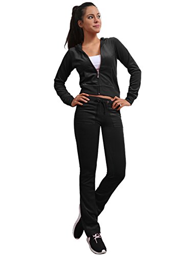 J. LOVNY Women's Active Casaul Velour Hoodie and Sweatpants Tracksuit Set Black