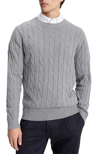 Tommy Hilfiger Men's Flag Logo Cable Knit Sweater (US, Alpha, Large, Regular, Regular, Grey Heather)