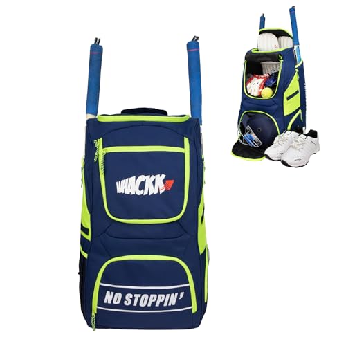Image of WHACKK Crowe 60L Unisex Navy Cricket Kit Bag Backpack | Youth Size | 2 Bat | Shoe /Helmet Pocket | Main Compartment 14.75 inch Leg Pad | Bottle Holder | Easy Access Pocket | Player Edition Youth
