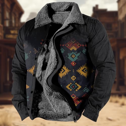 Jackets for Men Western Aztec Fleece Jackets Vintage Lapel Zip Up Sherpa Lined Shirt Jacket Flannel Plaid Fleece Coat2