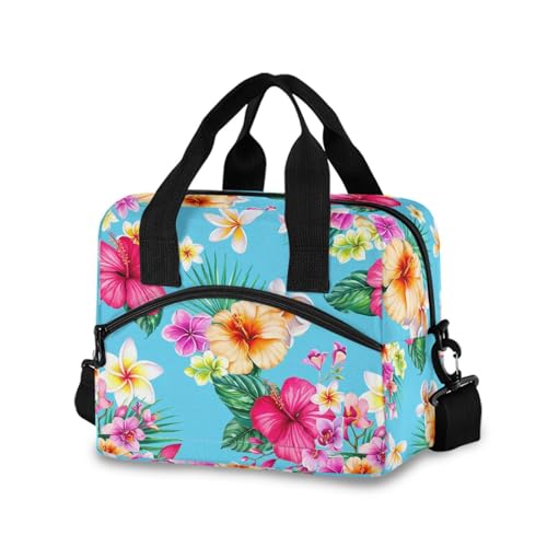 Sinestour Insulated Lunch Bag Reusable Cooler Hibiscus Leaves Blue Lunch Box Adjustable Shoulder Strap for Adults School Office