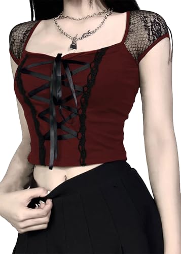 T-shirt slim en dentelle et haut court gothique respirant à col carré pour femme