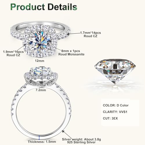 2CT Halo Moissanite Engagement Rings D Color VVS1 Clarity Anniversary Rings 925 Sterling Silver Square Engagement Ring for Women Wife Mom4