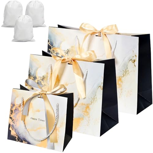 merrytime ギフトバッグ 3枚セット 手提げ袋 ラッピング袋 紙袋 巾着袋3枚付き 厚手 ギフト包装 プレゼント用 大理石柄 引出物袋 クリスマス 結婚式 ゴールドマーブル S+M+Lサイズ1枚ずつ