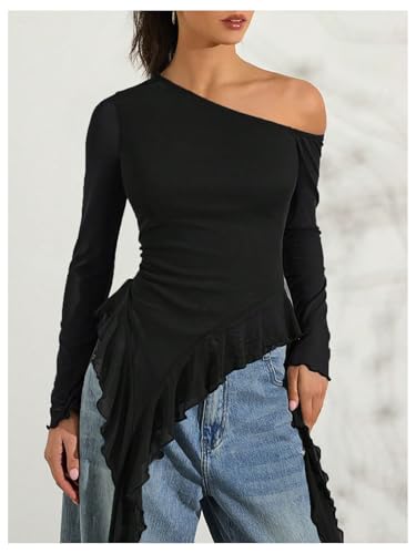 Milumia Women's Off One Shoulder Mesh T Shirt Y2K Asymmetrical Ruffle Trim Long Sleeve Tee Tops2
