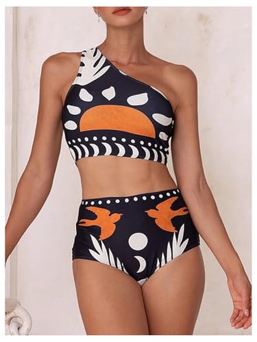 SOLY HUX Women's 3 Piece Swimsuit Printed One Shoulder High Waisted Bikini Set Bathing Suit with Cover Up Pants4