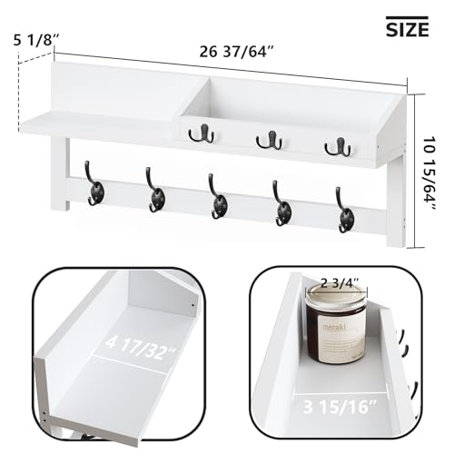 Image of AMBIRD Wall Hooks with Shelf, 26.57 Inch Entryway Wood Coat Hooks for Wall, Coat Rack Wall Mount with 5 Dual Hooks 3 Key Hooks Mail Organizer and Key Rack Holder (White)