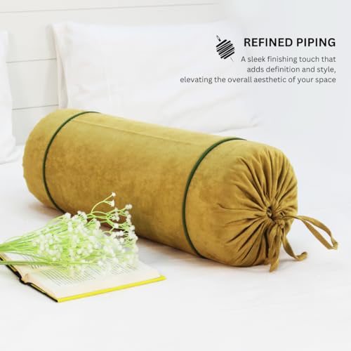 Image of AURAVE Suede 300 TC Printed Bolster Cover with Drawstring Closure, Set of 2, Soft Breathable Durable Machine Washable for Sofa Bed & Home Decor, 15 inchx30 inch, Mehndi Green | Cover Only