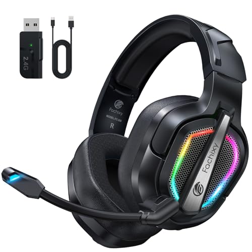 Fachixy FC200 Wireless Gaming Headset, 2.4GHz Bluetooth 5.4 Headset mit Mikrofon für PS5, PS4, PC, Switch, Gaming Kopfhörer Kabellos, Geringe Latenz Noise Cancelling, mit LED Licht, 50H Akkulaufzeit