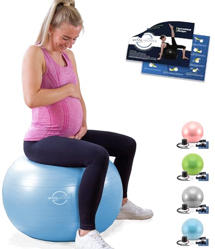 VITALWORXX Gymnastikball für Schwangere, extrem stabil, Sitzball Yogaball Pezziball 65 cm mit Pumpe, mit Übungen für Schwangerschaft, Geburt, Gesundheit,